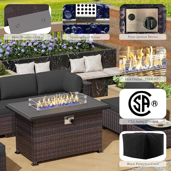 11 Pieces Outdoor Patio Furniture Set,Outdoor Sectional Furniture with 43" 55000 BTU Gas Propane Fire Pit Table,PE Rattan Wicker Patio Conversation Set,Swivel Rocking Chairs Set,Grey