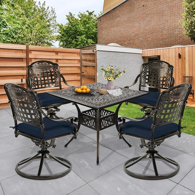 5 Piece Patio Dining Set, Outdoor Table and Chairs Set for 4 Cushioned Swivel Rocking Chairs and 35.4'' Square Table, All-Weather Cast Aluminum Patio Funiture Set, 2.2'' Umbrella Hole, Navy