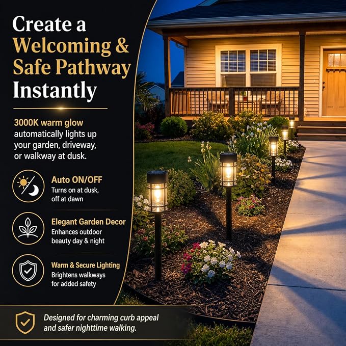 ILANCK 12 Pack Solar Lights Pathway Outdoor, Metal & Glass Large Solar Pathway Lights, Solar Powered Garden Lights for Yard, Landscape, Driveway Walkway