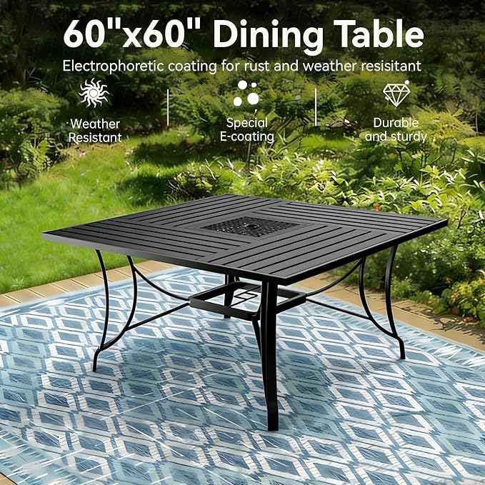 9 Pieces Outdoor Dining Table 60"x60" + 8 Patio Dining Chair Set, Square Patio Dining Table and Chairs with Stable Metal Frame for Garden, Backyard, Umbrella Hole Design, Suitable for 8 People