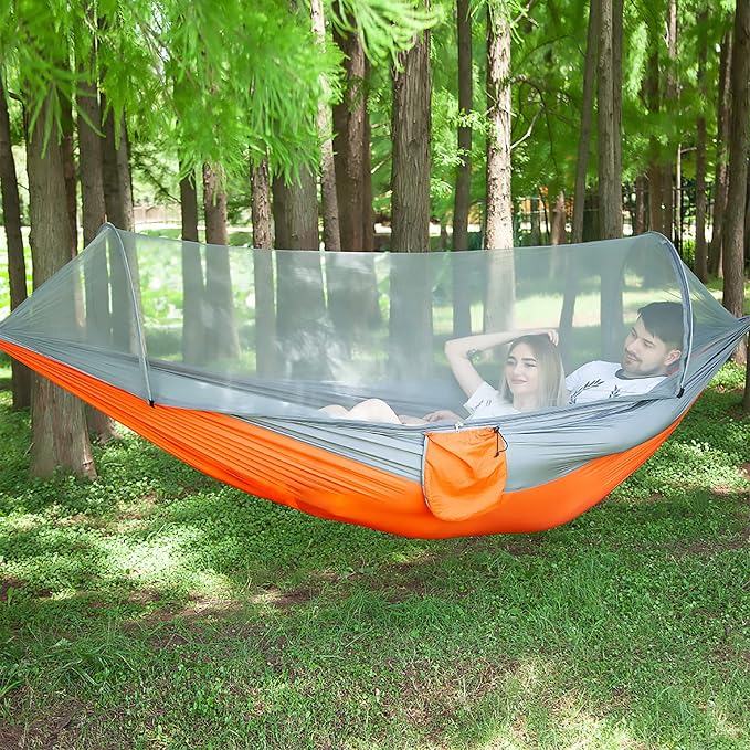 LFL Portable Camping Hammock with Mosquito Net, 1-2 Person Outdoor Swing Hammock, Nylon Parachute Material, Quick Opening Hammock with Net, Hiking Travel Courtyard (Orange)