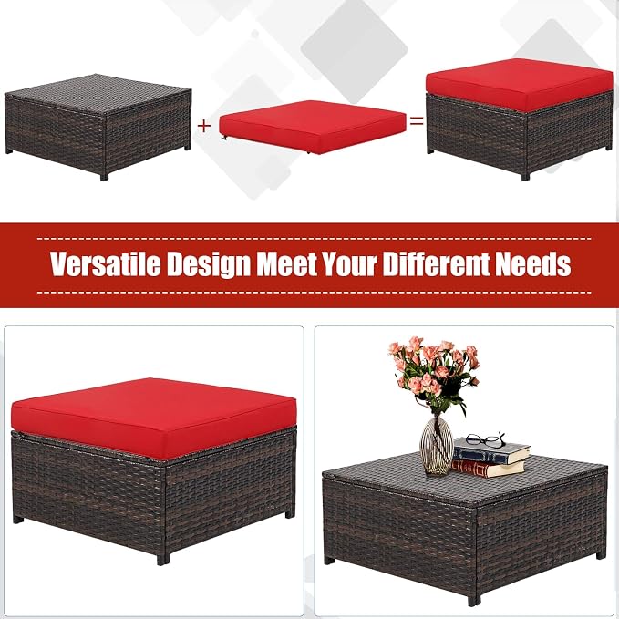 Tangkula 5 Pieces Patio Wicker Furniture Set, Outdoor Rattan Sofa Set with Loveseat, 2 Single Sofas, 2 Ottomans & Removable Cushions, Sectional Daybed Sofa Set for Yard, Garden, Poolside, Red
