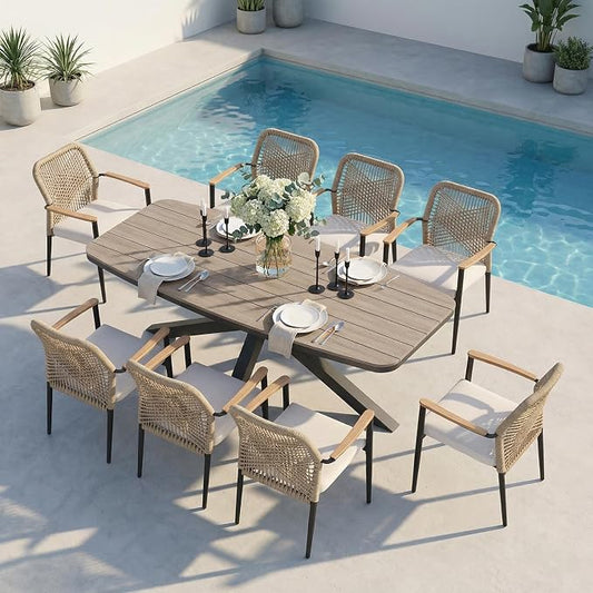 SUNSITT 9 Piece Outdoor Patio Dining Set, Patio Dining Furniture Set with 87” Aluminum Dining Table w/X Base Legs and 8 Woven Wicker Patio Chairs w/WPC Armrests for Garden, Dark Grey