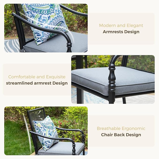 MIXPATIO 9 Piece Patio Metal Dining Set, Outdoor Table and Chairs for 8, Powder-Coating Steel Chairs with 4" Thickened Cushions, 57.5" Square Metal Table with 1.57" Umbrella Hole for Deck, Backyard