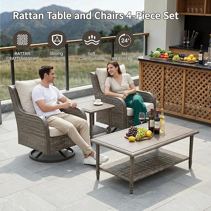Swivel PE Wicker Chair, Outdoor Patio Chair with 360° Rotation & Water-Resistant Cushion for Porch, Deck, Balcony – All-Weather Handwoven Design (Beige, 4-PCS1)