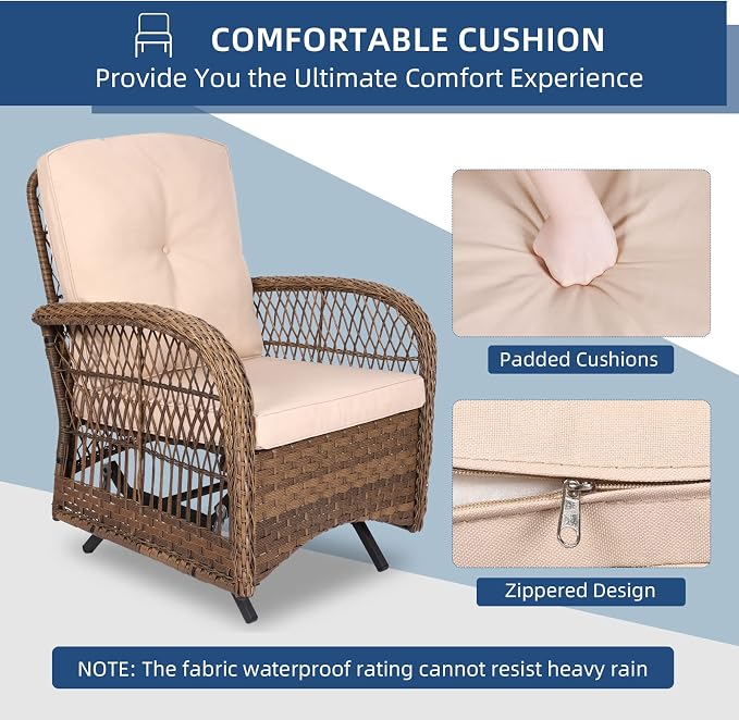Outdoor Wicker Glider Rocker Chair, Patio Rattan Gliding Rocking Chairs Set of 2 with Thickened Cushions, All-Weather Wicker Furniture Sets for Porch Garden & Backyard