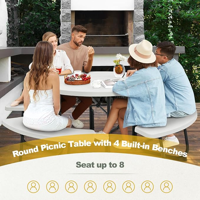 Moccha Picnic Table Bench Set - Outdoor Table and Chairs with Umbrella Hole, HDPE Tabletop & Metal Frame, Dining Table Set, Outdoor Camping Table for Garden Backyard Porch Patio Table Set (White)