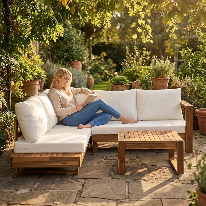 4-Piece Patio Furniture Set, Outdoor Conversation Set with Acacia Wood, Thick Washable Cushions, All-Weather Patio Seating for Backyard, Garden and Poolside(B-Beige)