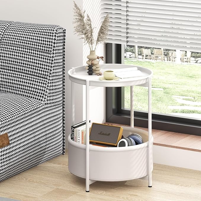 Garden 4 you Side Table with Fabric Storage Basket, Round Metal End Table, Small Bedside Table Nightstand with Removable Tray, for Nursery, Living Room, Bedroom, Bathroom, White
