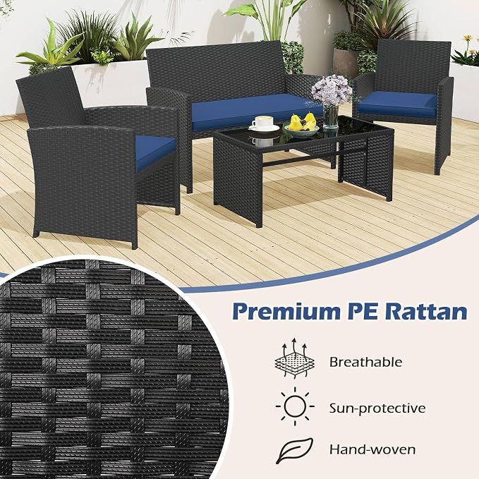RELAX4LIFE 8-Piece Patio Furniture Set - Wicker Rattan Outdoor Sectional Sofa Set w/Glass Coffee Table, Loveseat, Chairs & Soft Cushions, Bistro Conversation for Garden Porch (2, Black-Navy)