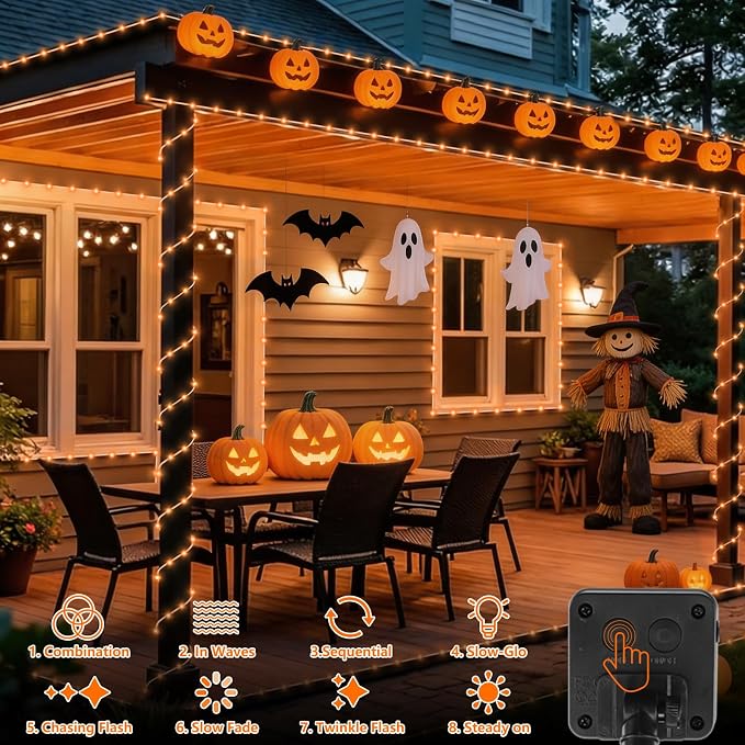 QITONG Orange Solar Halloween Lights, 66ft 200 LED Solar Rope Lights Outdoor, Fairy Lights in Clear Thin Tube with 8 Modes for Thanksgiving Fall Decor