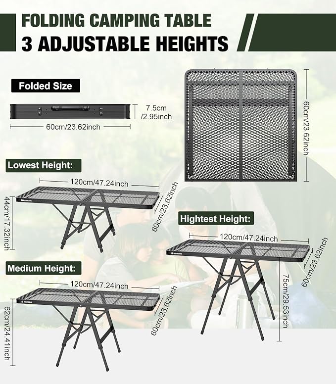 Raynesys Foldable Grill Table with Mesh Desktop, 200lbs 4Ft Portable Folding Table, Height Adjustable Metal Table for Ourdoor, Camping, Picnic, BBQ and Beach, RV, 47.24" L x 23.62" W
