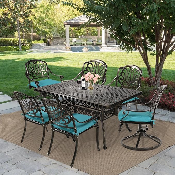 MEETWARM 7-Piece Outdoor Patio Dining Set, All-Weather Cast Aluminum Patio Conversation Set with 2 Swivel Rocker Chairs, 4 Stationary, 1 Rectangular Table, 6 Cushions, 2" Umbrella Hole, Ocean Blue