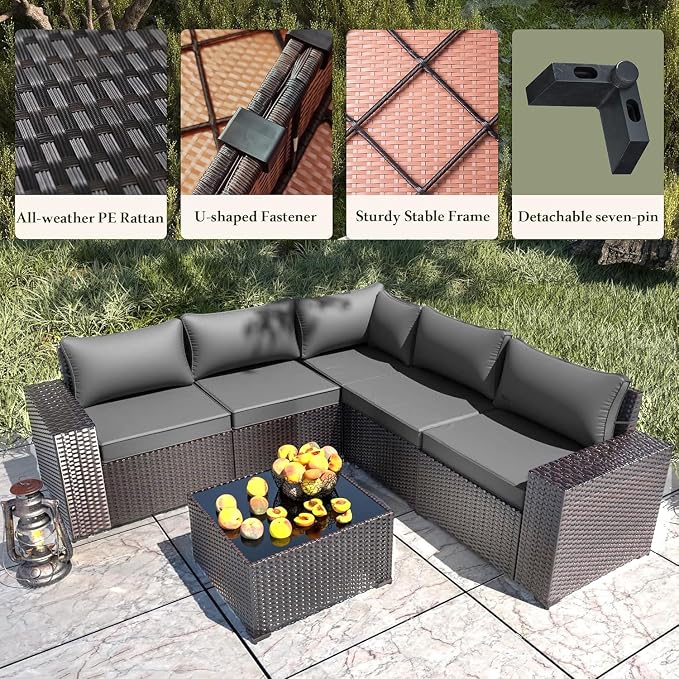 8 PCS Outdoor Patio Furniture Set,Outdoor Sectional Furniture All Weather PE Rattan Wicker Patio Conversation Set with 2 Ottomans and Coffee Table,Grey