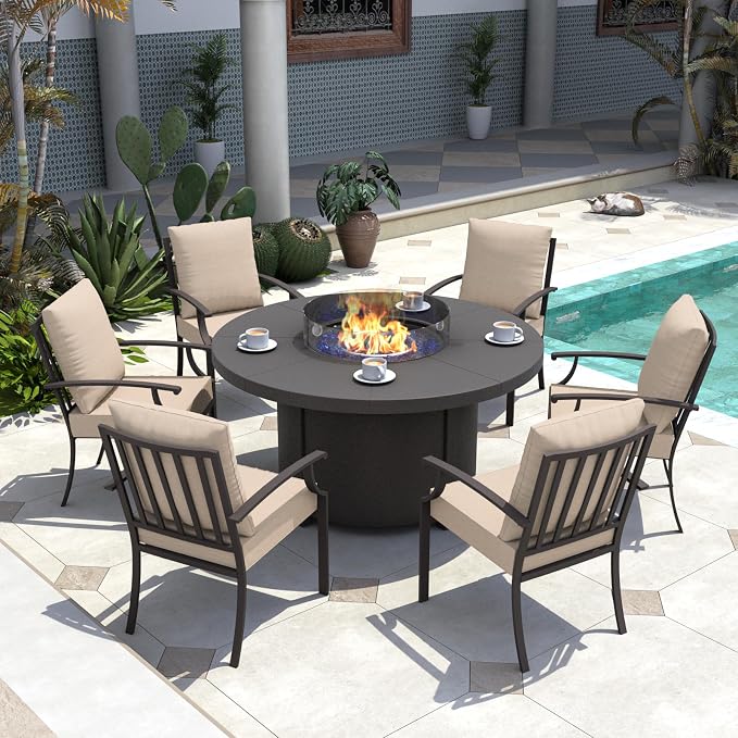 Kurapika 7 Piece Metal Outdoor Patio Furniture Set with 48" Round Fire Pit Table, Patio Conversation Sets 6 Fixed Chairs with Thick Cushion, Sand