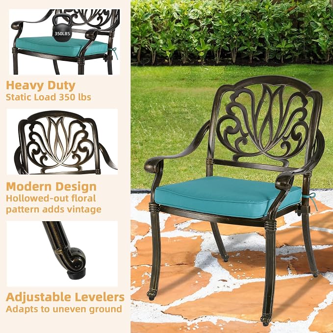 5-Piece Outdoor Patio Dining Set, All-Weather Cast Aluminum Patio Furniture Set for Backyard Garden Deck with 4 Chairs, 4 Cushions and 35.4" Round Table, 2" Umbrella Hole, Blue