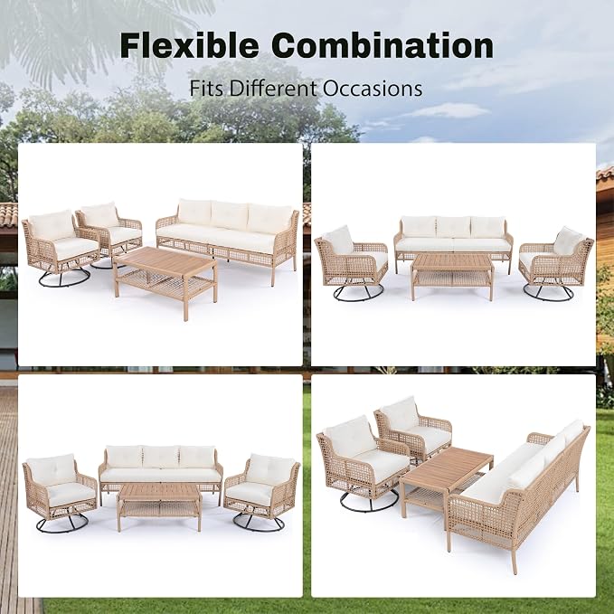 JIVOIT 4 Pieces Patio Furniture Set, Rattan Outdoor Conversation Set with 1 3-Seater Sofa, 2 360°Swivel Rocking Chair and 1 Solid Wood Tabletop Coffee Table for Poolside Backyard Deck (Beige/264)