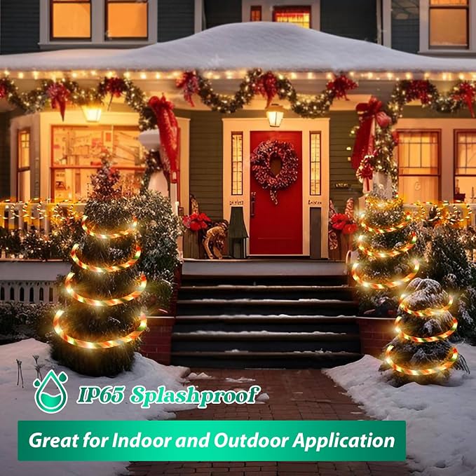 Vigdur Candy Cane Rope Lights Outdoor, 18FT 216 LEDs Christamas Rope Lights | Connectable And Flexible Clear Tube, IP65 Waterproof, Christmas Rope Lights for Patios Gardens Parties And Christmas Décor