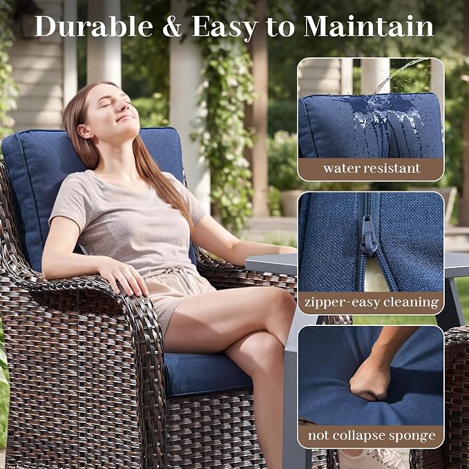 Rilyson Luxury Outdoor Wicker Glider Rocker Chairs for 4 Person, Outdoor Furniture Sets with 2 Piece Wicker Swivel Rocker Chairs, Rattan Glider Rocker Chairs with Table for 2 Seats Brown/Blue