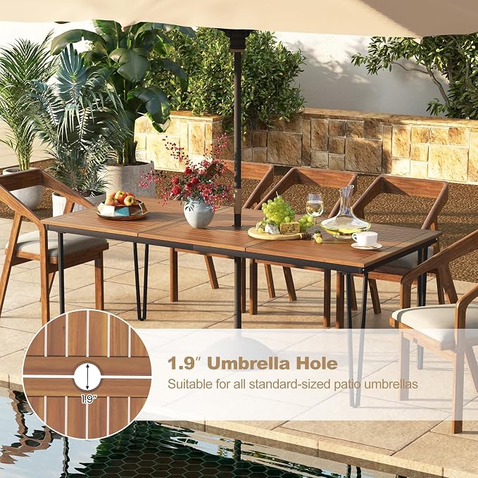 Tangkula 79 Inch Outdoor Dining Table for 8, Acacia Wood 8-Person Patio Table with 1.9 Inch Umbrella Hole, Metal Legs & Adjustable Foot Pads, Rectangular Outside Table for Garden, Poolside & Backyard