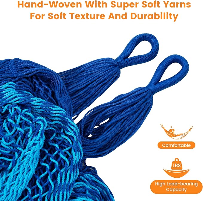 Lazy Daze Hammocks Handwoven XL Mayan Hammock, 10.5 FT Soft Rope Double Hammocks, Portable Outdoor Hammock with Carry Bag, 2 Straps & Carabiners for Patio Outside, 550 lbs Capacity, Blue/Dark Blue