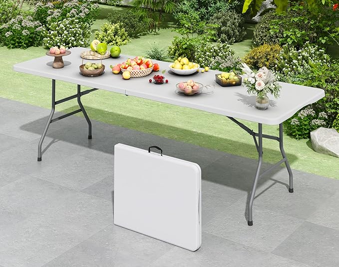 8FT White Folding Table for Outdoor, 8 Foot Picnic Tables No Assembly Required Portable, White Foldable Table for Camping, Parties, Meeting, Events, Wedding, BBQ, with Carrying Handle