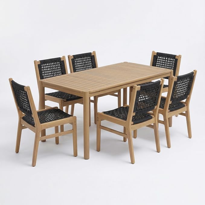 Christopher Knight Home Levi Acacia Wood Dining Table Set for 6, Solid Wood Outdoor Dining Set for 6, 7 Piece Patio Dining Table and Chair Set with Wicker Seat & Back, Black + Light Teak