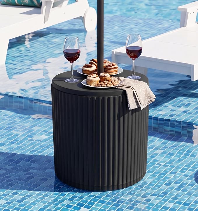 SERWALL Outdoor Round Umbrella Side Table, Outdoor Patio Table with Umbrella Hole for Porch/Patio/Poolside, 3-in-1 Multi-Functional Use, Black