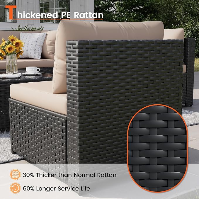 Patio Furniture Set, 7-Piece Outdoor Sectional All-Weather Wicker Patio Conversation Set for Backyard, Garden, Beige