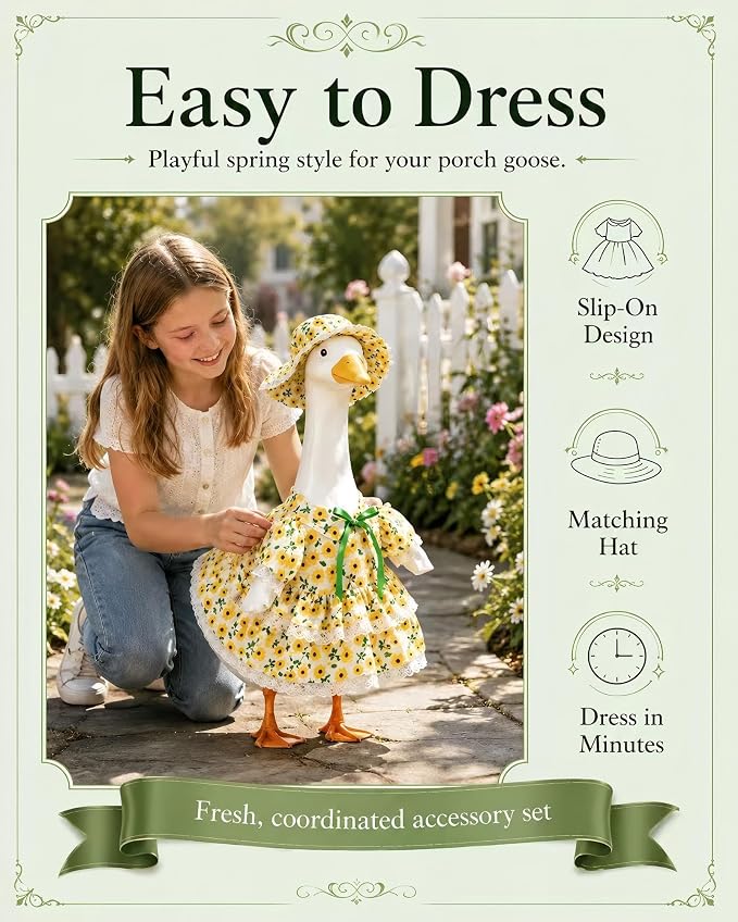 Porch Goose Outfit - Sunflower Dress & Lace Hat Set for 23 Inch Goose Statue,Spring Summer Outdoor Lawn Yard Decor, Home Porch Decoration