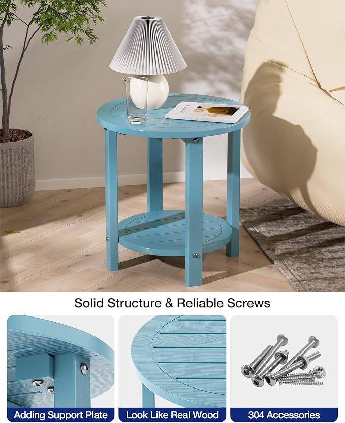 YEFU Outdoor Side Table for Patio: 16in HIPS Small Round Outdoor End Table - 2-Tier Adirondack Tables for Patio Porch Yard Poolside Living Room Beach Bedroom (Blue, 1 Pack)