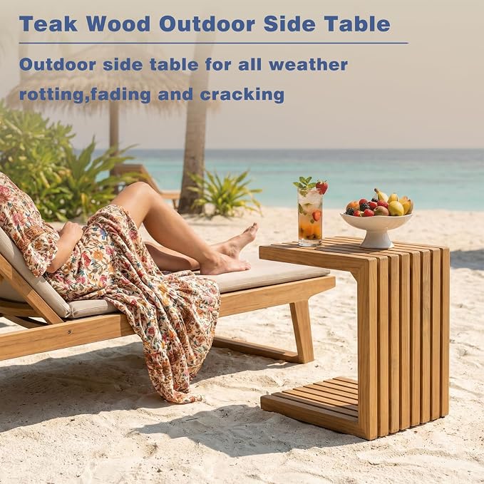 OTSUN Teak Solid Wood C-Shape Sofa Side Table, Pure Simple Form Outdoor Side Table for Patio Sofa Armrest, No Assembly Minimalist Wooden End Table for Porch & Garden