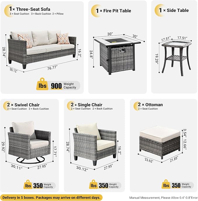 ovios 9 Pieces Patio Furniture Set with Square Fire Pit Table, Outdoor Swivel Rocking Chairs, High Back Wicker Rattan Conversation Set for Deck Porch, Beige
