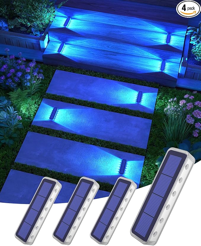 DetarZinLED Blue Solar Step Lights, 12 LEDs 2-Sided Glow, IP68, 4 Pack | IP68 Waterproof, Solar Powered, Auto ON/OFF, Stick on, Sturdy Polycarbonate Shell, for Outdoor Dock, Deck, Flat, Stair, Porch