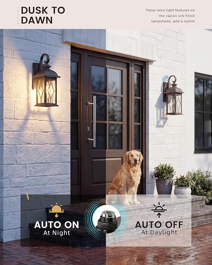 FEMILA Dusk to Dawn Outdoor Wall Light Fixtures, 15" Exterior Waterproof Wall Sconce, Front Porch Lights, ORB Finish with Hammered Glass, E26, UL Listed, 4FD54B-PC ORB-SD