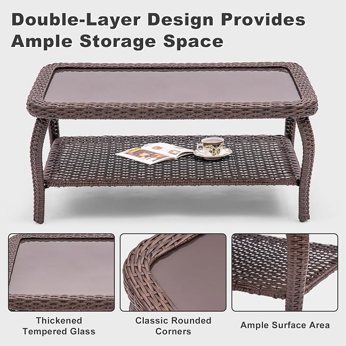 Patio Tables Wicker Coffee Table, Outdoor End Table with Storage Shelf, Patio Furniture Coffee Table for Sofa, Swivel Chairs, Garden, Balcony - Square/Grey