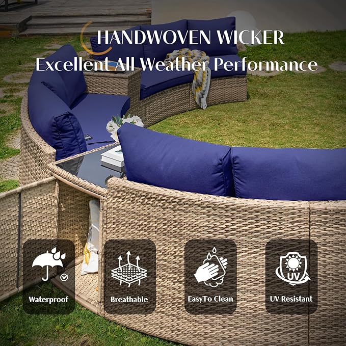 PaPaJet 11-Piece Patio Furniture Set with Large Storage Wedge Table, Half-Moon Wicker Sectional Sofa with Cushions, Waterproof Rattan Outdoor Conversation Set for Beach, Pool, Garden & Balcony, Blue