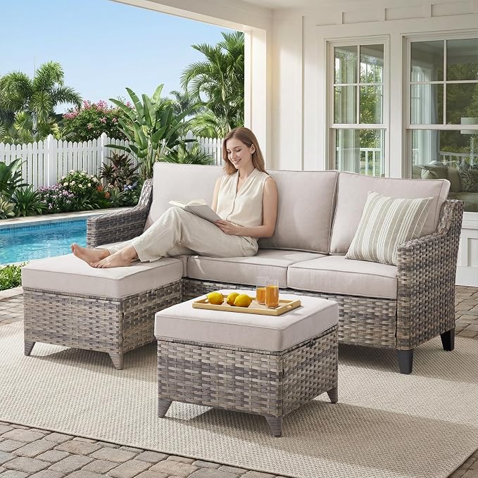 Belord Patio Wicker Swivel Rocker Patio Chairs with 3-Seater Sofa, Outdoor Rattan Chairs for Deck Porch Poolside, 9 Piece Patio Conversation Furniture Set,Beige