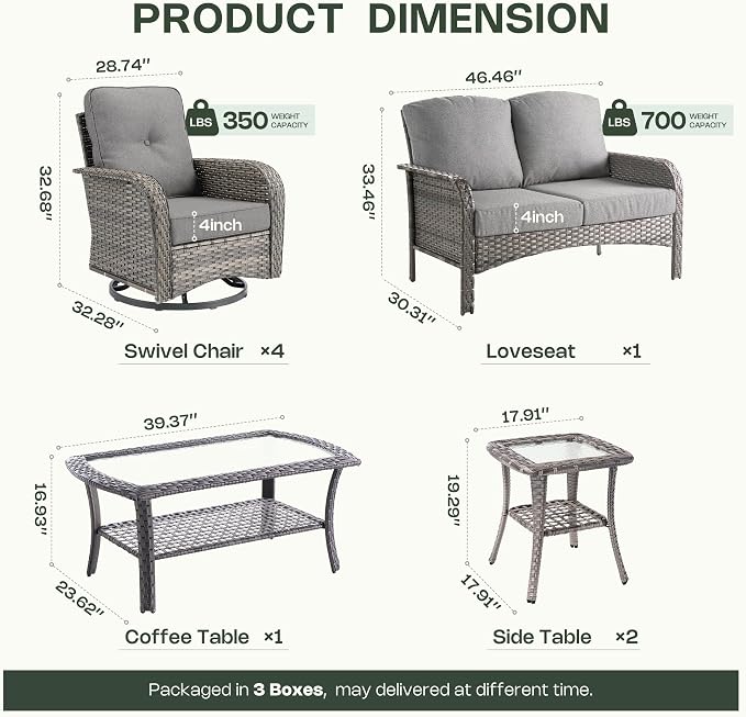 8-Piece Patio Furniture Set, Outdoor Wicker Furniture with Coffee Table, High Back Swivel Rocker Patio Chairs, Modern Rattan Outdoor Chairs Conversation Set for Porch, Balcony, Garden, Dark Gray