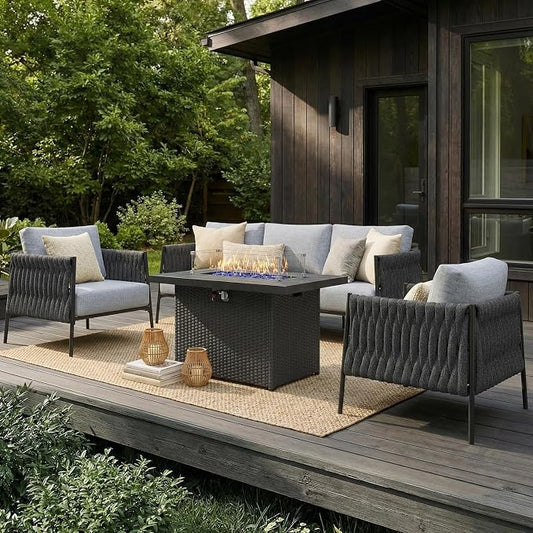 LayinSun 4 Piece Outdoor Furniture Set with Fire Pit Table, Modern Rope Woven Patio Conversation Sofa Set with Olefin Braid and Deep Seating