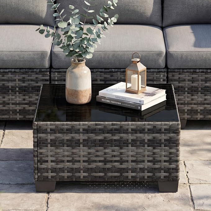 Patio Furniture Set 7 Pieces Conversation Set Wicker Outdoor Sectional Sofa,Ergonomic Armrests Couch with Cushion and Glass Table (Light Grey-Light Grey, 7 Piece-Single)