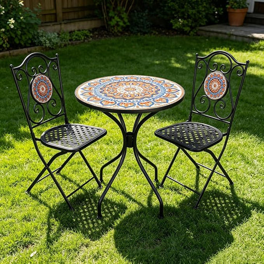 3 Piece Bistro Sets Mosaic Tile Round Table Folding Chairs Garden | Set of 3 Patio Furniture 23.6" Table and 2 Chairs Outdoor Bistro Chairs Artistic Table for Balcony Porch Apartment Backyard