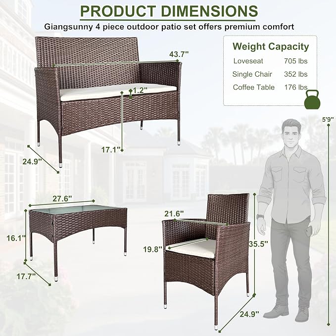 GIANGSUNNY 4 Piece Patio Furniture Set, Outdoor Hand-Woven Wicker Rattan Conversation Set with Double-Sided Tempered Glass Table, Weather-Resistant Seating for Patio, Balcony, Porch, Garden (Brown)