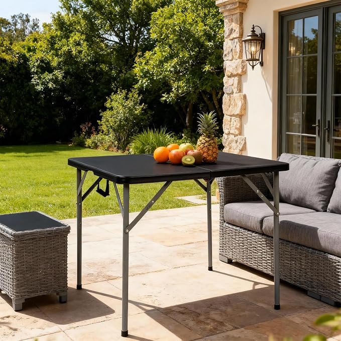 34" Folding Card Table, Heavy Duty Plastic Square Table - Portable Fold-in-Half w/Handle & Lock for Camping, BBQ, Party, Events, Black
