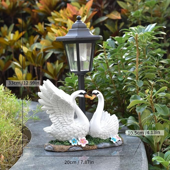 Solar Swan Lantern Outdoor Resin Garden Statue | with Solar Powered Warm Light and Stable Base for Patio Lawn Pathway Decor