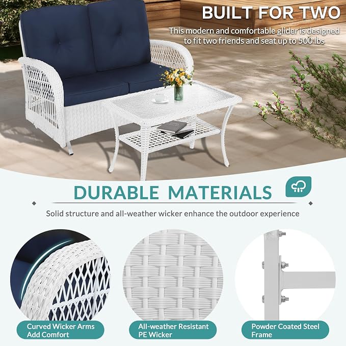 MEETWARM 4 Pieces Outdoor Wicker Patio Conversation Sets with Glider Loveseat, 2 Chairs with Coffee Table Wicker Rocking Glider Set, Rattan Conversation Set with Thickened Cushions, White/Navy
