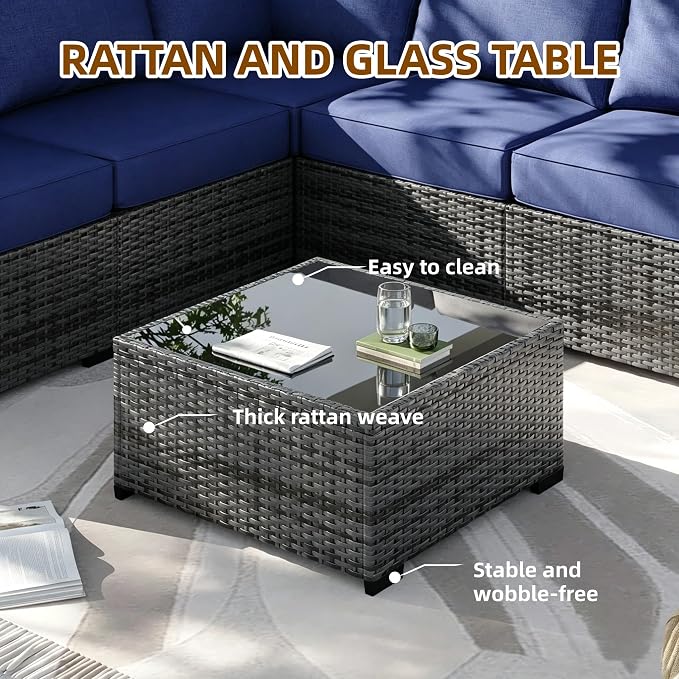MOCHITO 5 Pcs Outdoor Patio Furniture Sets Grey Rattan Blue Cushions | All-Weather Sectional Sofa, with Glass Table, PE Rattan Wicker Patio Furniture , Washable Cushions, for Balcony Porch Garden