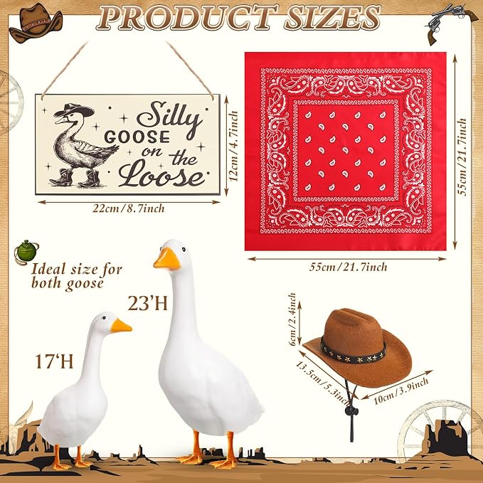 Funny Porch Goose Outfit Decoration Set Silly Goose on The Loose Hangings Sign Cowboy with Outfit Cowboy Hat Bandana for 23" Cement/Plastic Outdoor Statue Patio Yard Lawn Art(Red)