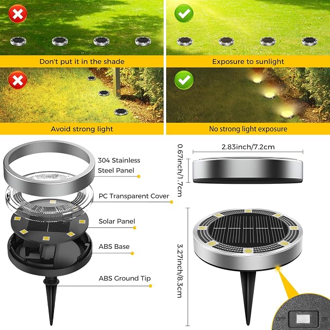 20 Pack Solar Ground Lights Outdoor, 8 LED Mini Flat Solar Disc Lights, IP65 Waterproof Pathway Lights Solar Powered, Landscape Lighting for Garden Walkway Driveway Yard Lawn,Warm White
