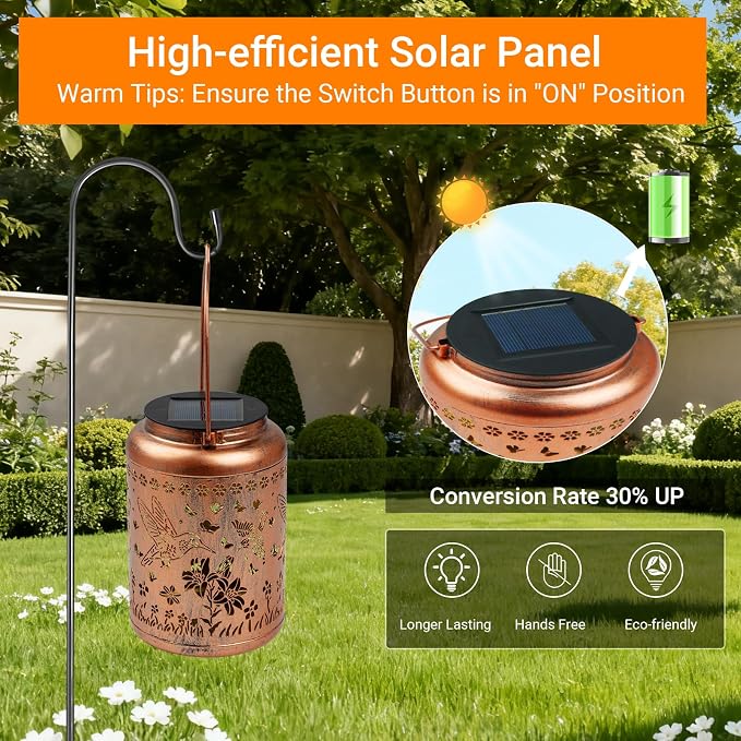 Waterproof Metal Hummingbird Solar Lantern Outdoor Hanging Garden Light | Colorful LED metal hummingbird lantern; durable, waterproof outdoor decor perfect for patio, yard, or as a gift for women